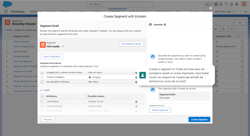 Einstein 1 génére automatiquement les critères à partir de mon prompt